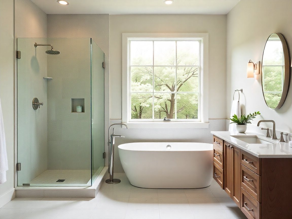 Modern remodeled bathroom with shower and freestanding tub
